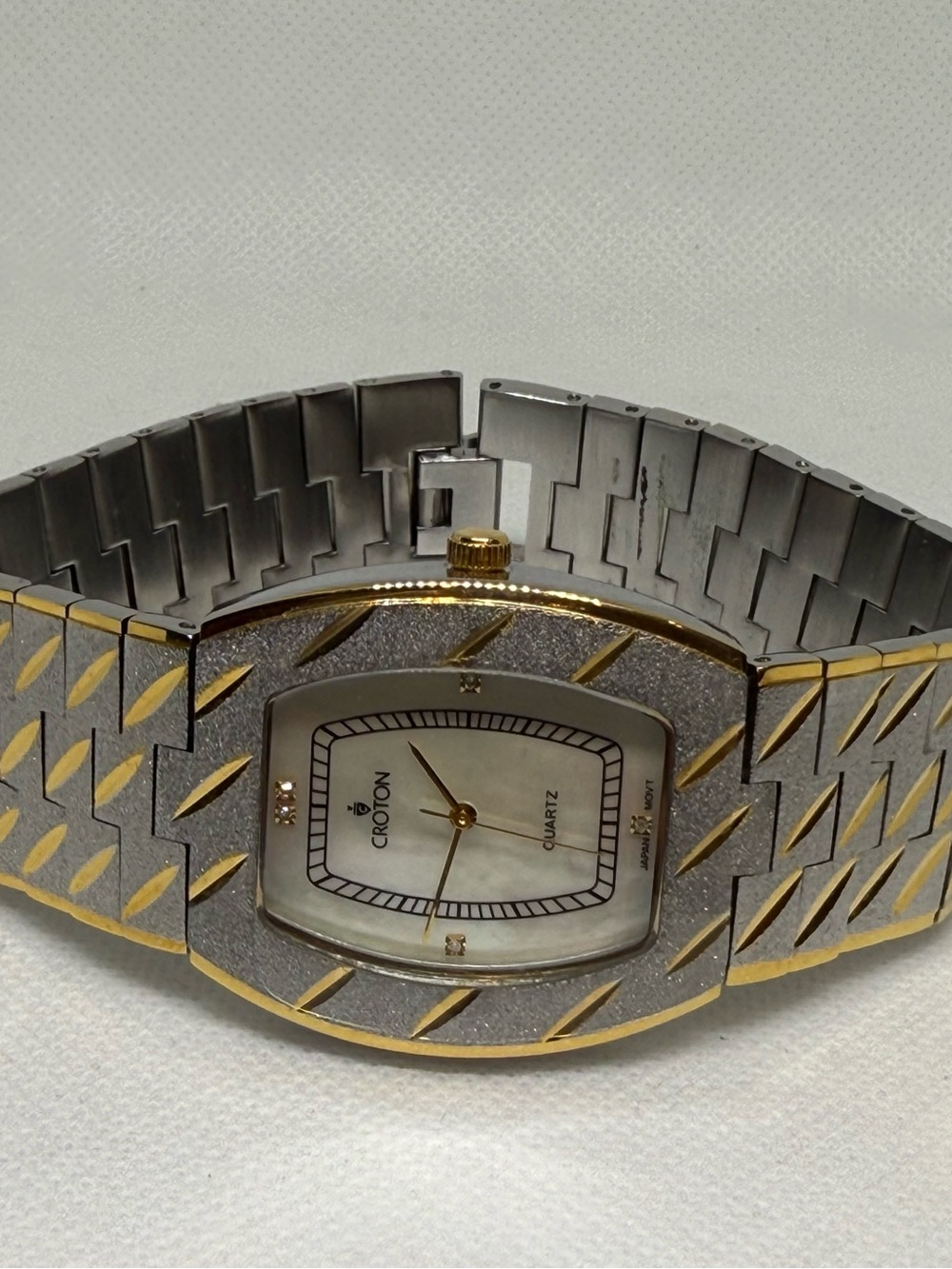Croton Two-Tone Gold and Silver Rectangular Mother-of-Pearl CZ Diamonds Watch